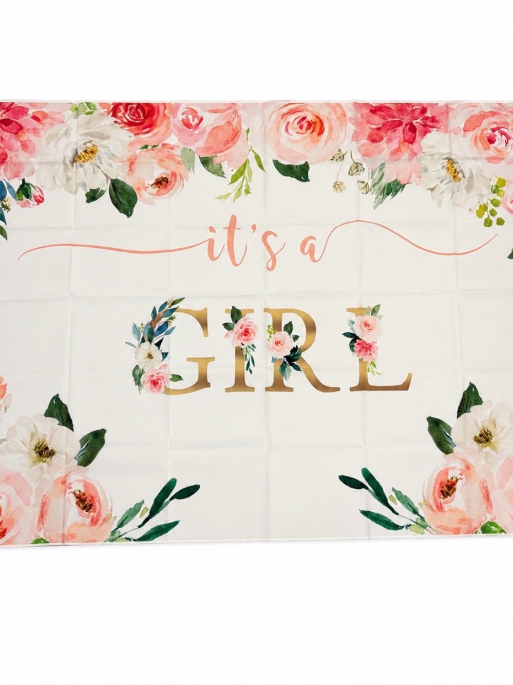 Floral "It's a Girl" Gold Letter Backdrop 82” x 59”